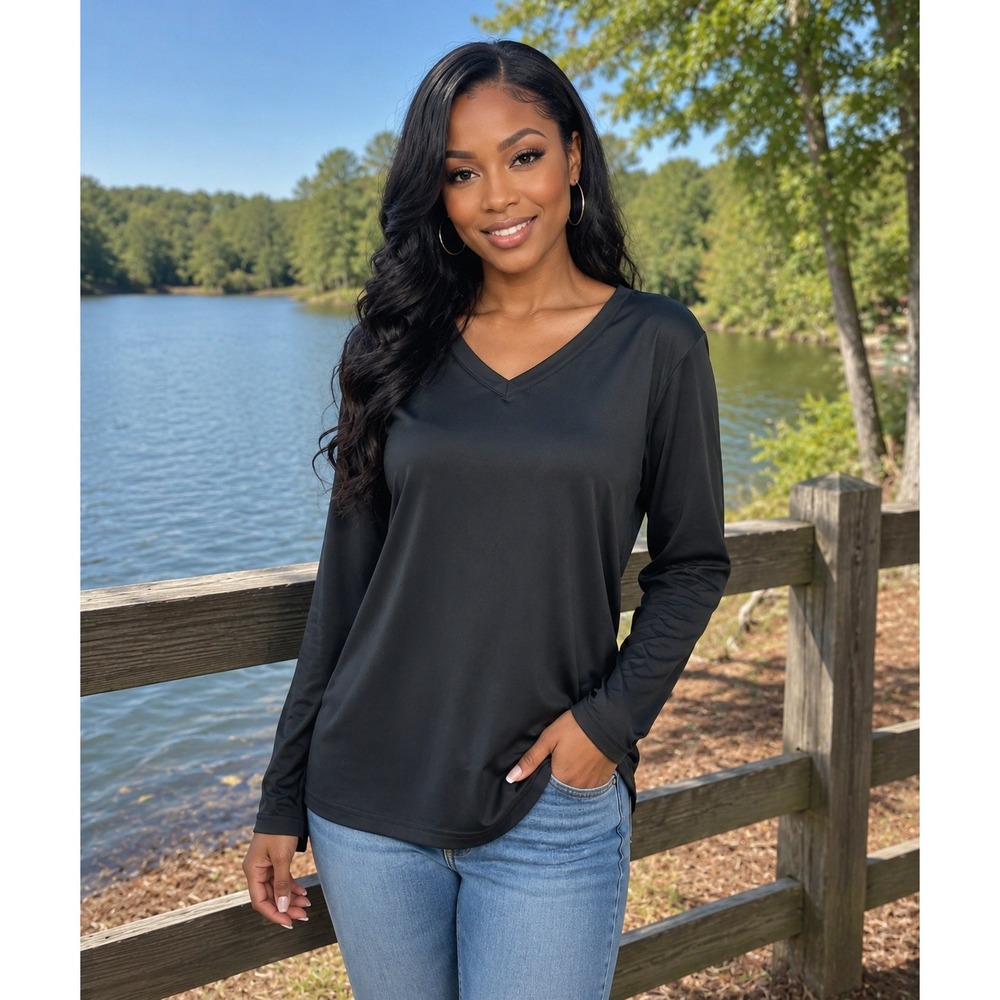 Infinity Women Black Long Sleeve V-Neck Performance Shirt XXL